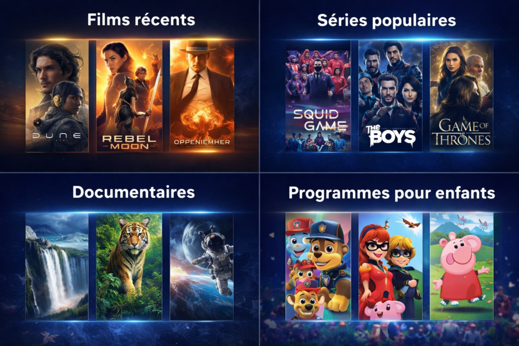Interface IPTV Premium avec films récents, séries populaires, documentaires et programmes pour enfants en streaming HD