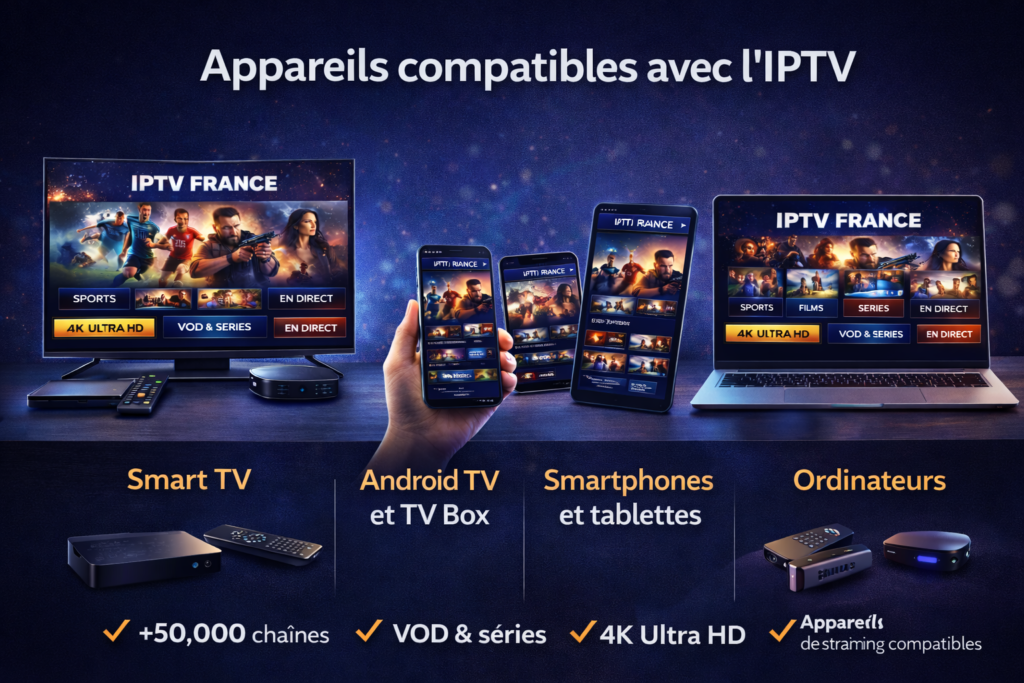IPTV France sans coupure 4K compatible avec Smart TV Android TV box smartphones tablettes et ordinateurs