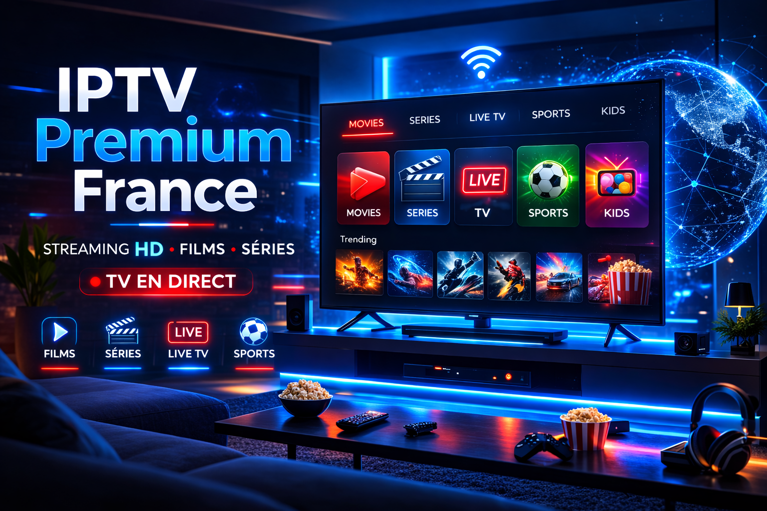 IPTV premium France sur smart TV avec interface streaming films séries sports et TV en direct en HD