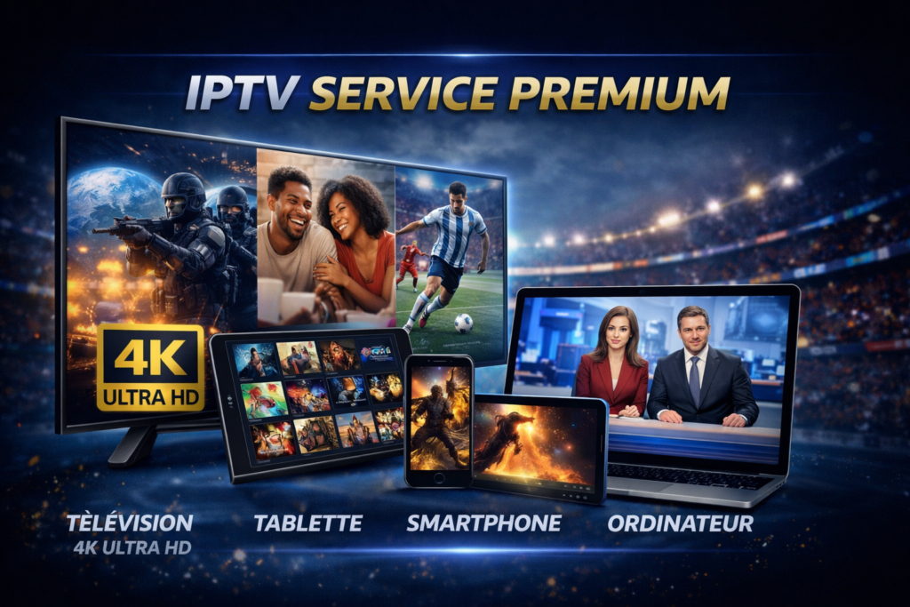 IPTV Service Premium sur Smart TV, tablette, smartphone et PC, chaque écran affichant un contenu différent : film/action sur la TV, série populaire sur la tablette, chaîne sportive sur le smartphone et interface IPTV avec miniatures variées sur le PC, montrant la diversité et la qualité du service.