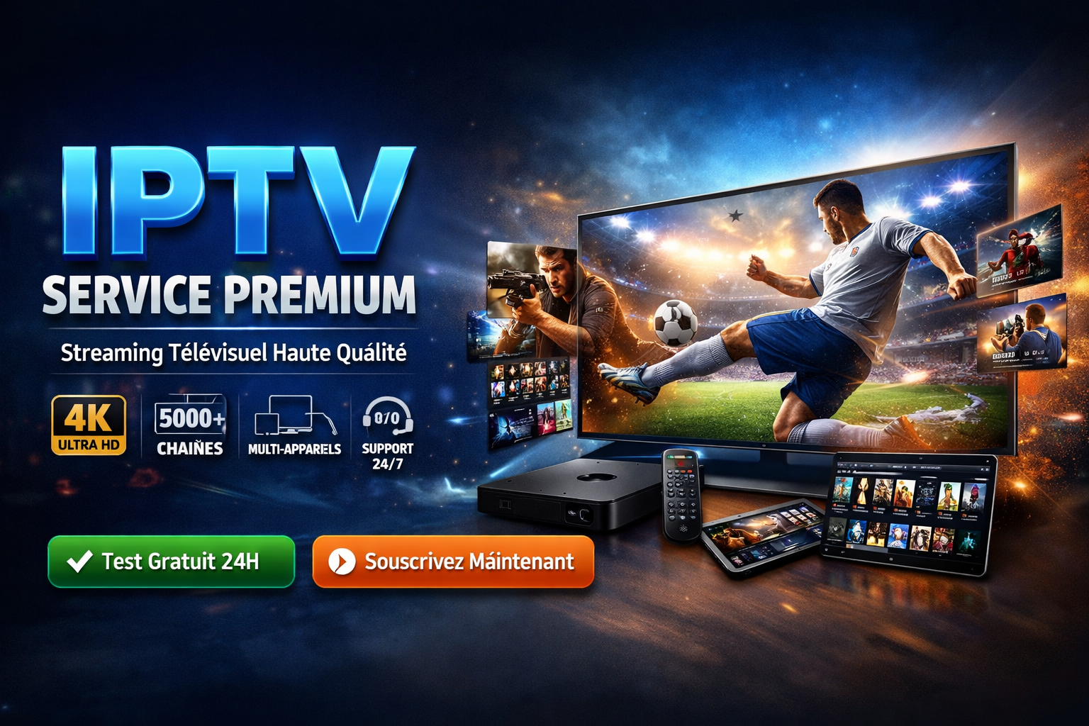 Bannière IPTV Service Premium montrant un téléviseur, une tablette et un smartphone avec films, séries et chaînes sportives en streaming 4K, avec options multi-appareils et support 24/7
