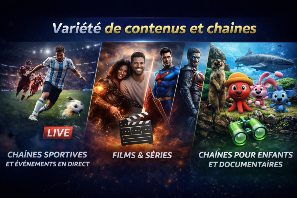IPTV Service Premium illustrant la variété de contenus : chaînes sportives en direct, films et séries, et chaînes pour enfants et documentaires, avec visuels attractifs et modernes.