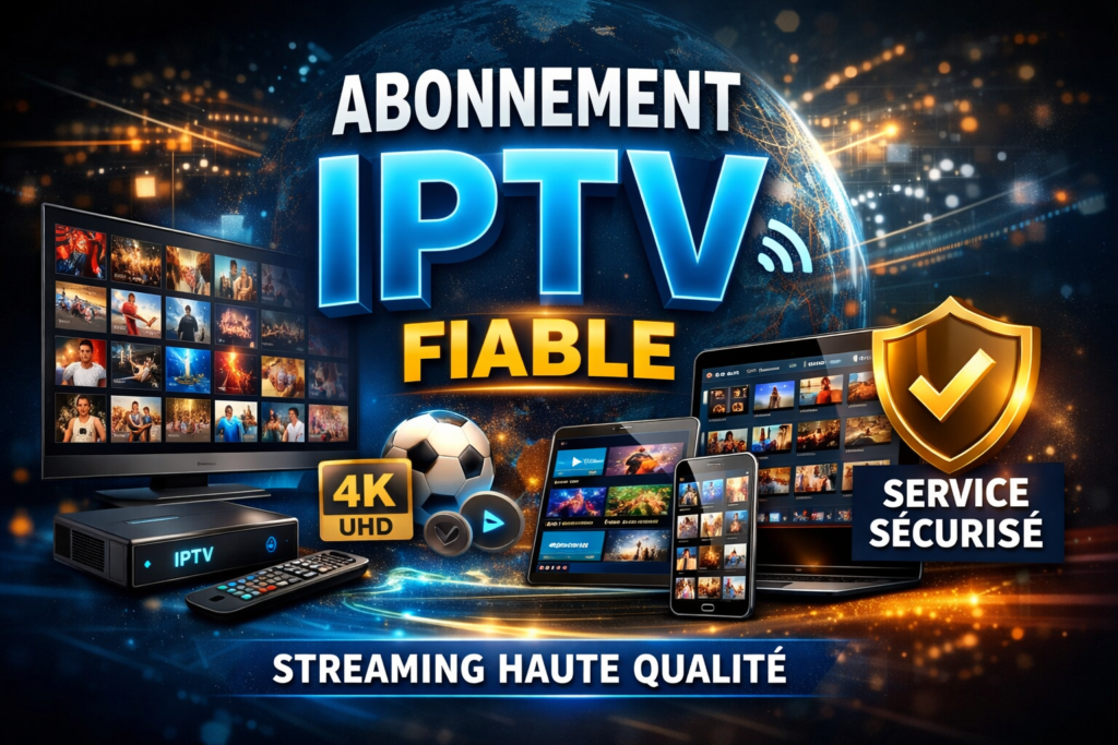 Abonnement IPTV fiable avec télévision, tablette et smartphone affichant du contenu en streaming 4K UHD, service sécurisé et haute qualité