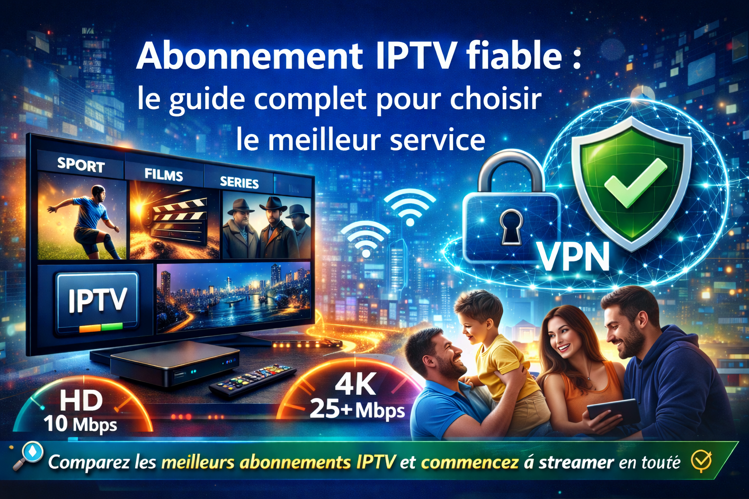 Abonnement IPTV fiable avec écran TV, smartphone et tablette montrant films, séries et sports en HD et 4K, VPN sécurisé, expérience de streaming stable et familiale