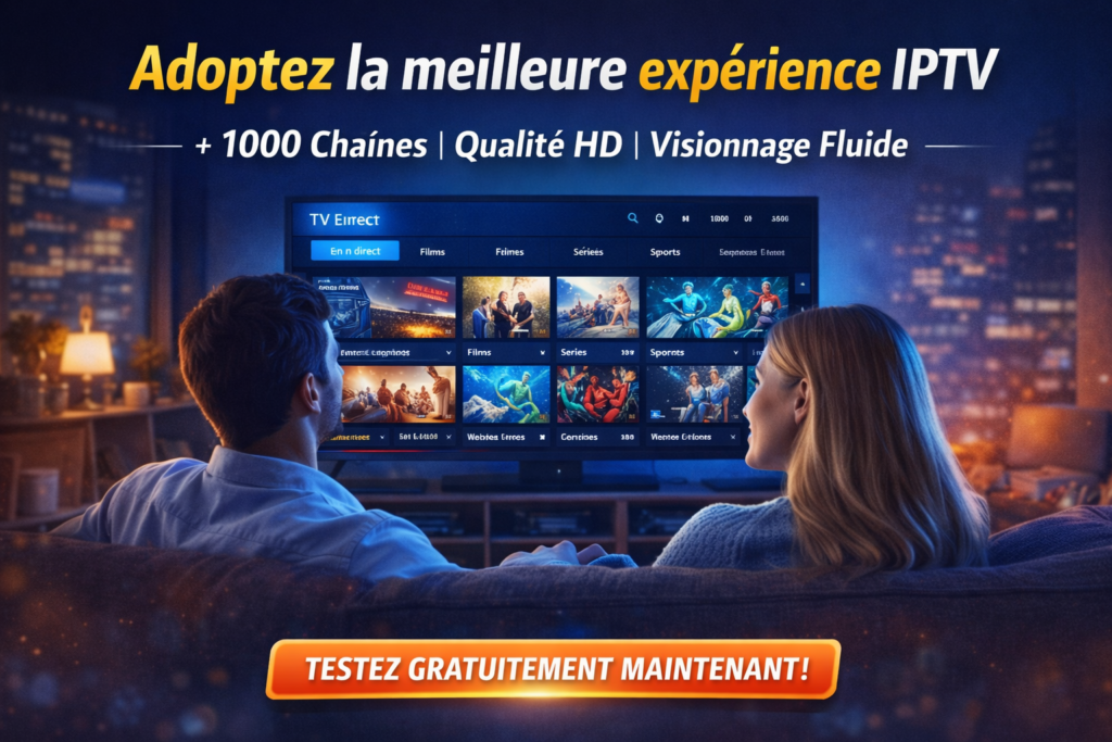 IPTV erreur lecture : couple regardant une interface IPTV fluide sur grand écran, illustrant le choix d’un abonnement IPTV fiable