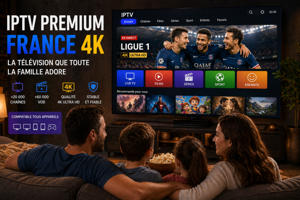 Famille regardant la télévision avec IPTV premium France 4K, qualité 4K Ultra HD, service stable
