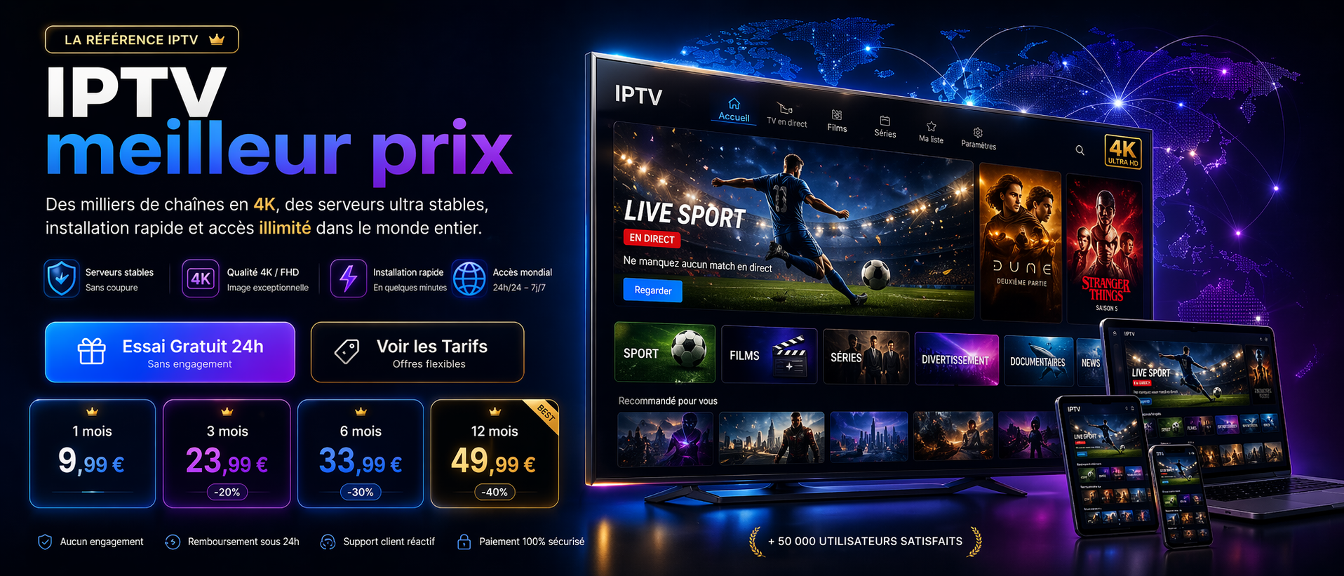 IPTV meilleur prix avec abonnement IPTV 4K, serveurs stables, chaînes internationales et accès mondial sur Smart TV, mobile, tablette et ordinate