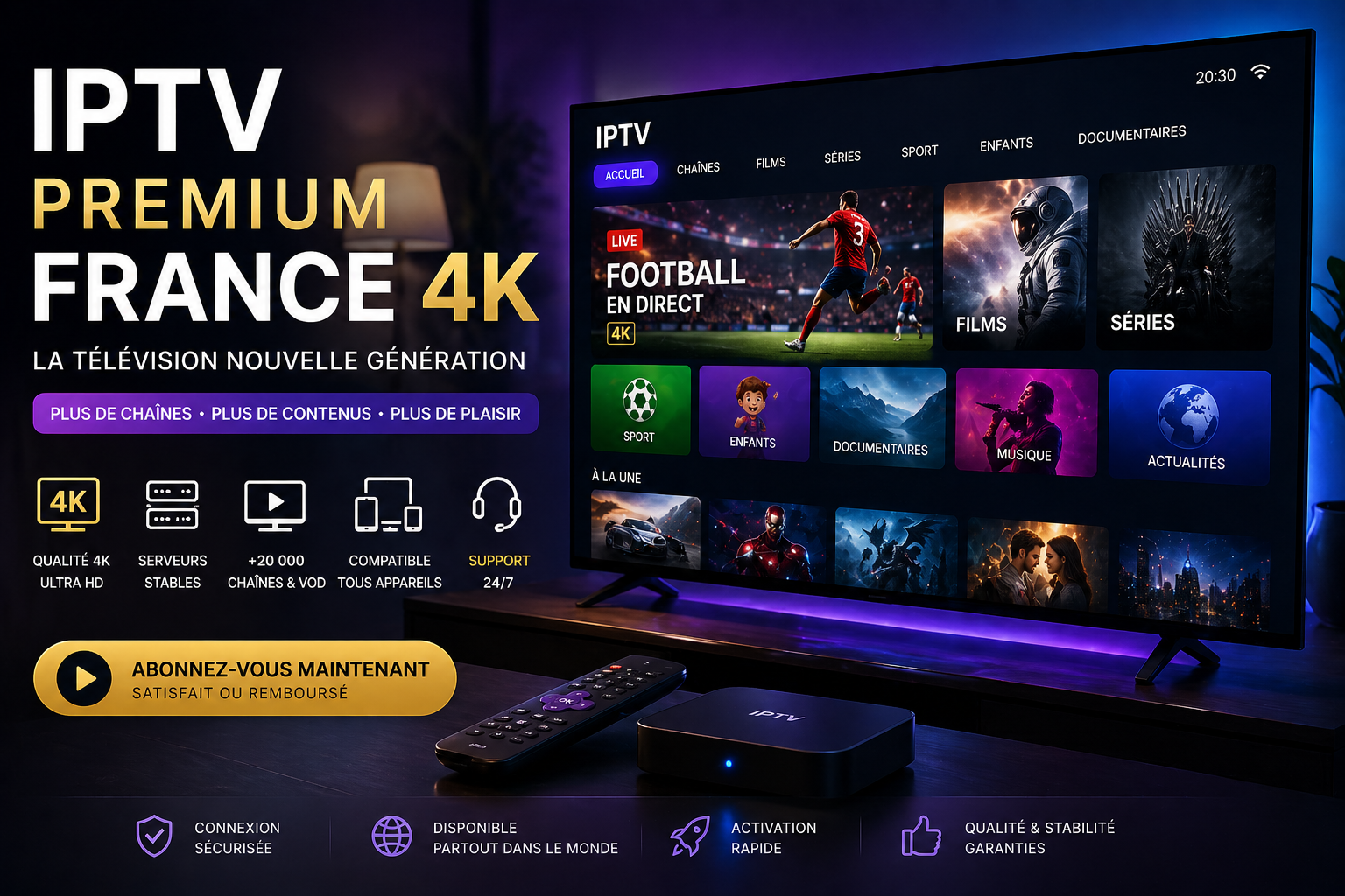 IPTV premium France 4K avec qualité 4K, serveurs stables, compatibilité multi-appareils et service disponible mondialement.