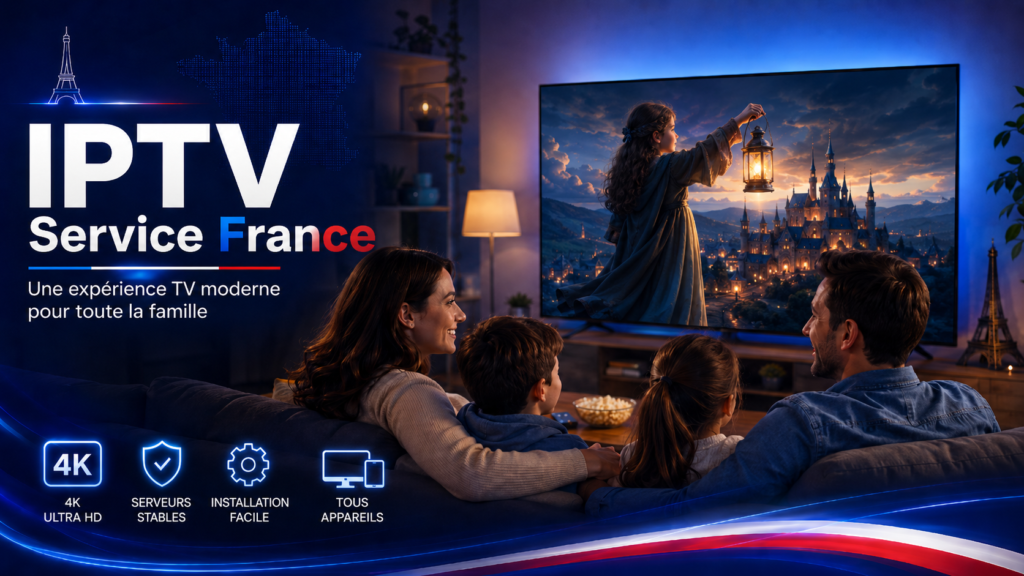 Famille regardant un film sur TV avec IPTV service France, profitant d’un abonnement IPTV stable et accessible sur tous les appareils