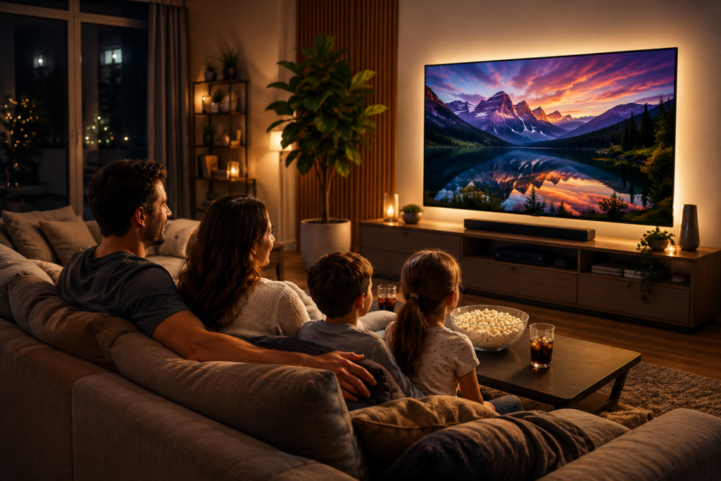 Famille regardant la télévision avec IBO Player Pro et abonnement IPTV premium