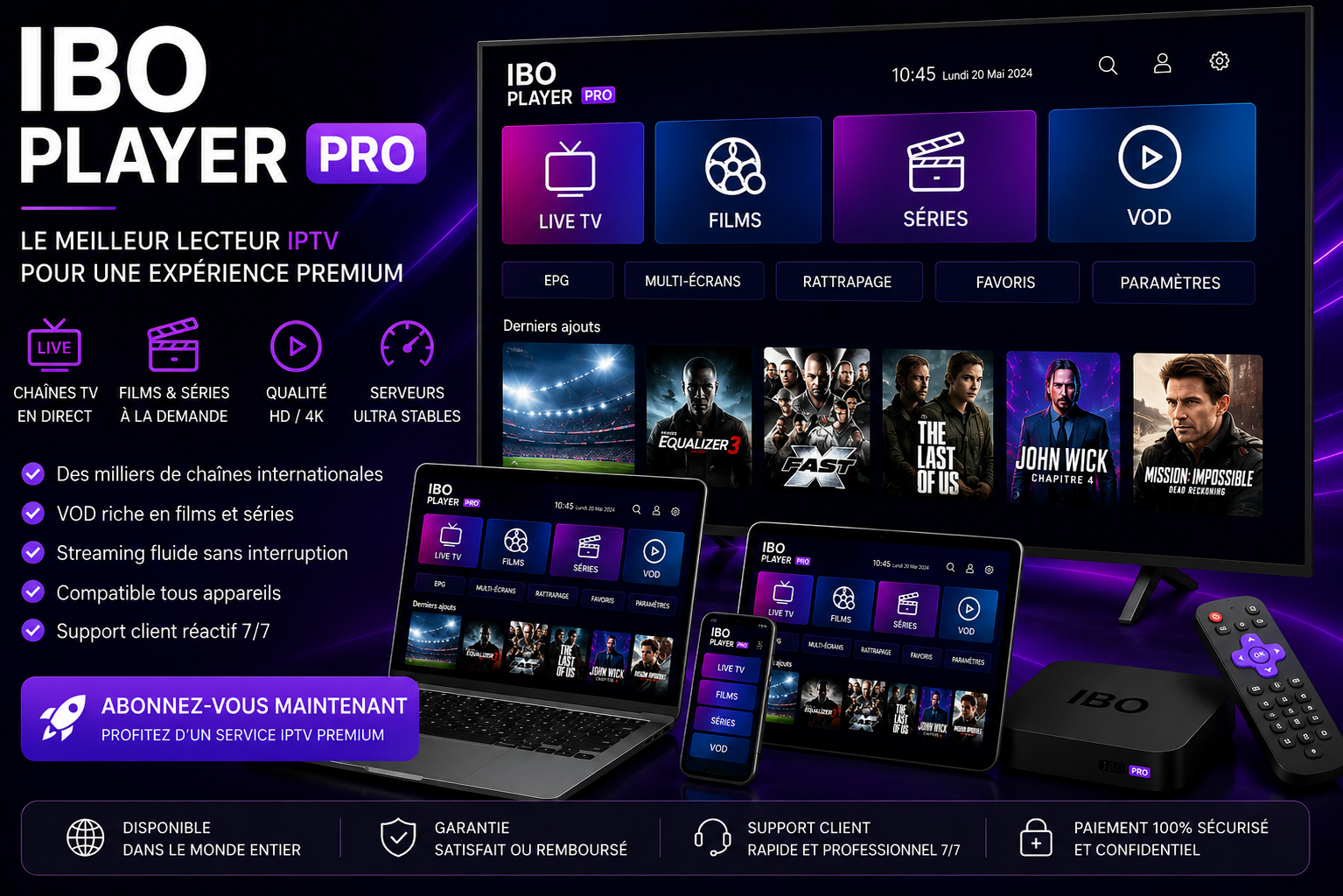 IBO Player Pro avec abonnement IPTV premium en HD et 4K