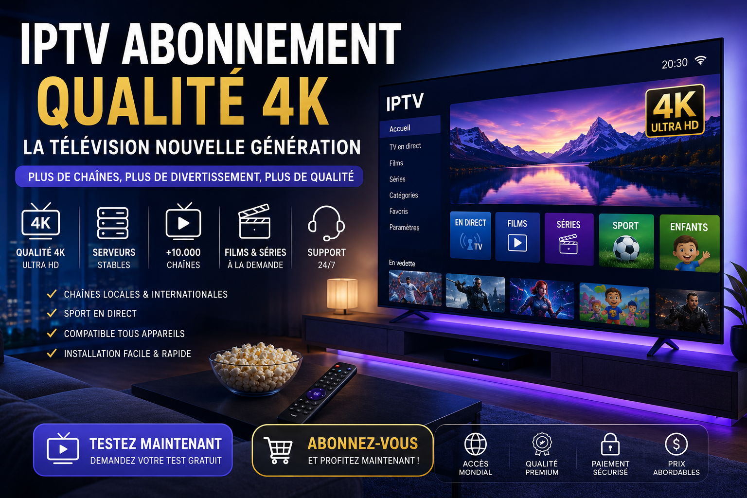 IPTV abonnement qualité 4K avec chaînes TV, films, séries, sport en direct, serveurs stables et service premium mondial.