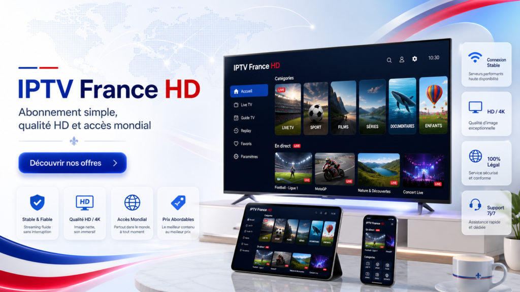 IPTV France HD avec abonnement simple, qualité HD, chaînes variées et accès mondial sur TV, tablette et mobile