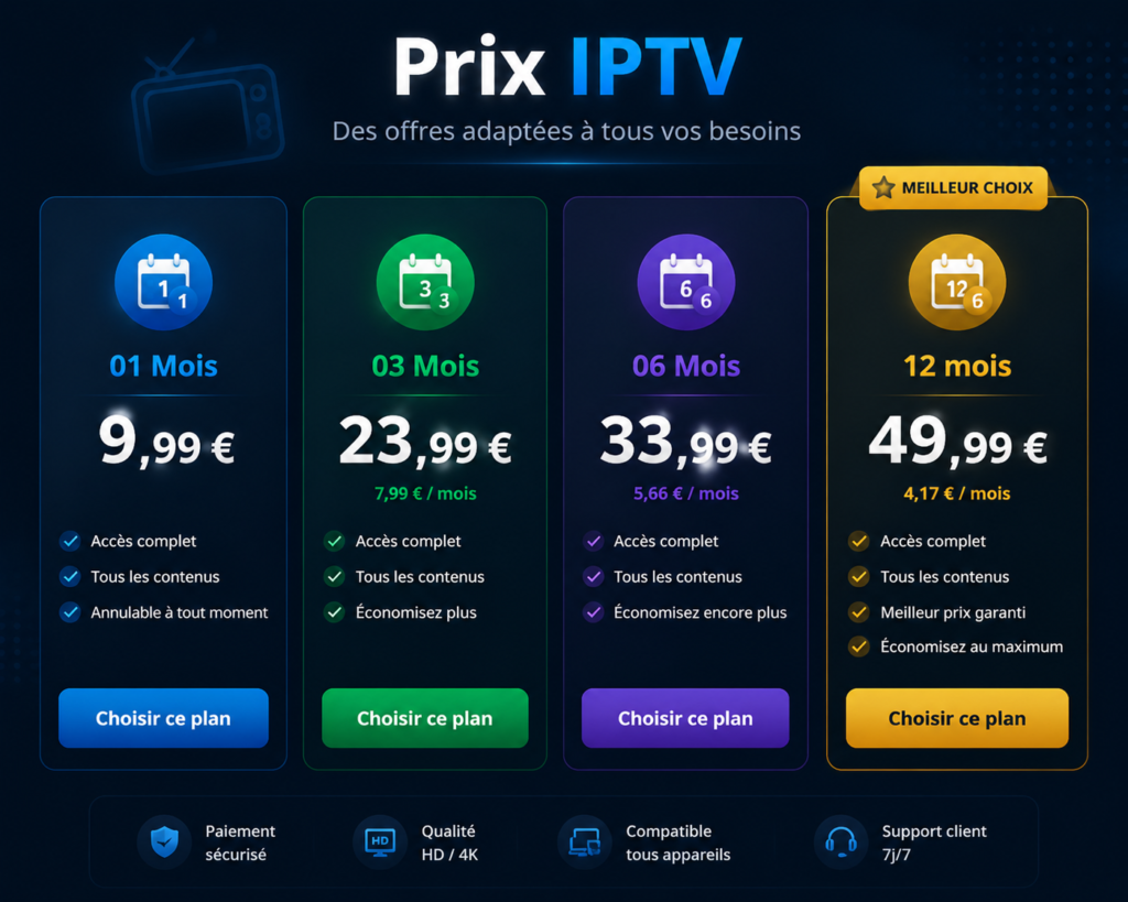Prix IPTV des abonnements premium avec offres 1 mois, 3 mois, 6 mois et 12 mois à prix abordables