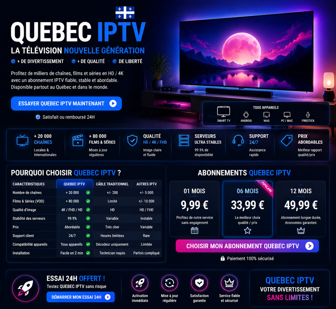 Promotion de Quebec IPTV montrant un salon moderne avec un grand écran TV affichant des images HD/4K, avec les forfaits 1 mois 9,99 €, 6 mois 33,99 €, 12 mois 49,99 €, compatibilité multi-appareils et boutons d’essai gratuit.