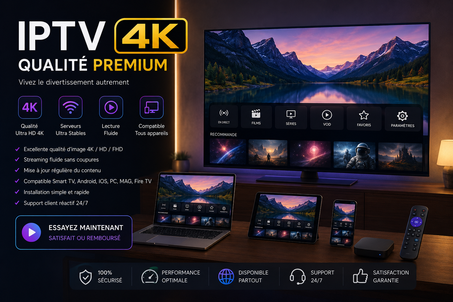 Service IPTV qualité 4K avec streaming fluide, serveurs stables, VOD, films et séries sur Smart TV, Android, PC et mobile